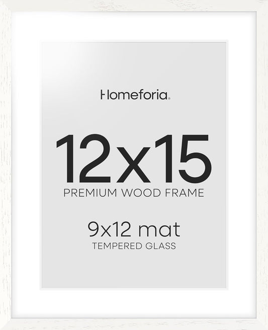 Homeforia 12x15 White Picture Frame, High End Oak 12x15 Wood Poster Frames with Mat 9x12 Print, 12 x 15 White Wooden Frame Matted to 9 by 12 Photo, 15x12 Thin Frame, Tempered Glass, Wall Kit, Set of 1
