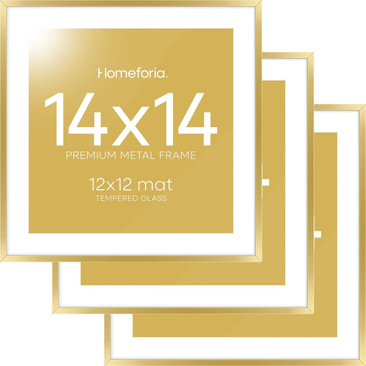 Homeforia 14x14 Picture Frame Gold, High End Metal 14 x 14 Square Poster Frame with Mat 12 x 12 Photo, 14x14 Frame Matted to 12x12 Print, 14by14 Gold Hanging Frames, Tempered Glass, Wall Kit, Set of 3
