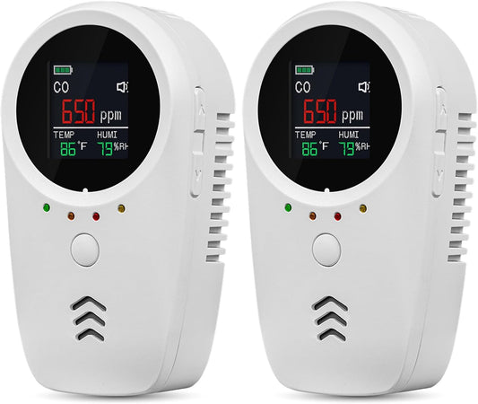 2PCS 5-in-1 Rechargeable Carbon Monoxide & Natural Gas Detectors with Temperature/Humidity LCD Display & 2000mAh Lithium-ion Battery, Portable Plug in Co Detector for Home Travel RV Essentials