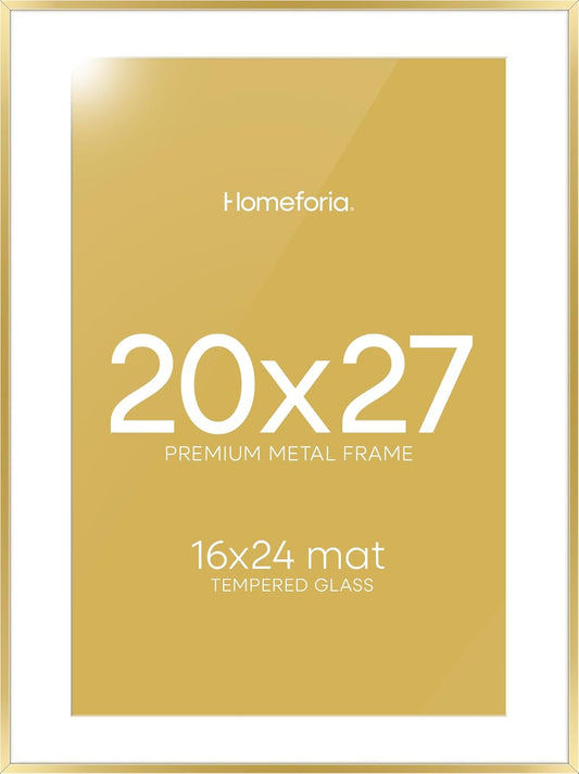 Homeforia 20x27 Picture Frame Gold, High End Metal 20x27 Poster Frames with Mat 16x24 Photo, 20 x 27 Gold Frame Matted to 16 by 24 Print, 27by20 Thin Hanging Frames, Tempered Glass, Wall Kit, Set of 1