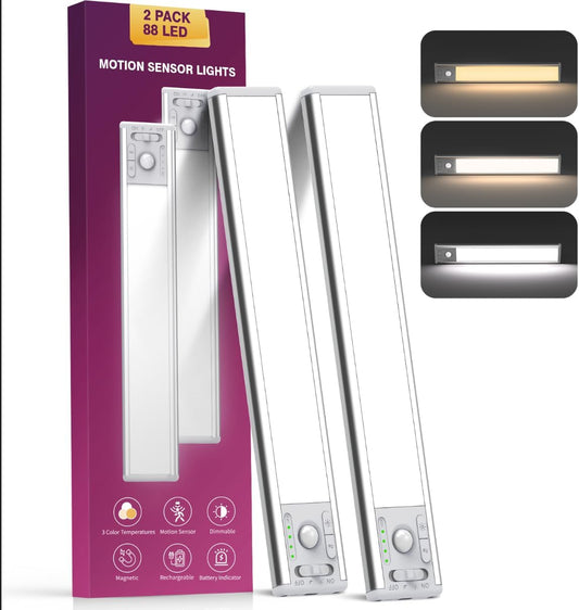 10.5inch Under Cabinet Lighting with 3 Color Temps, 2 Pack Rechargeable Motion Sensor Lights Indoor, Dimmable Under Counter Lights for Kitchen, Closet