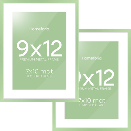 Homeforia 9x12 Sage Green Frame, High End Metal 9 x 12 Picture Frame with Mat 7 by 10 inch Photo, 9by12 Poster Frame Matted to 7x10 Art, 12x9 Wall or Tabletop Frame, Tempered Glass, Wall Kit, Set of 2