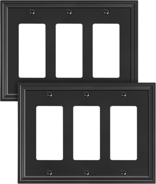 2-Pack Triple Decorator Outlet Cover Plate, Black Decorative Switch Plates and Outlet Covers, Natural Bamboo Fiber Wall Plates for Electrical Outlets, Receptacle, GFCI Outlet, Dimmer Switch