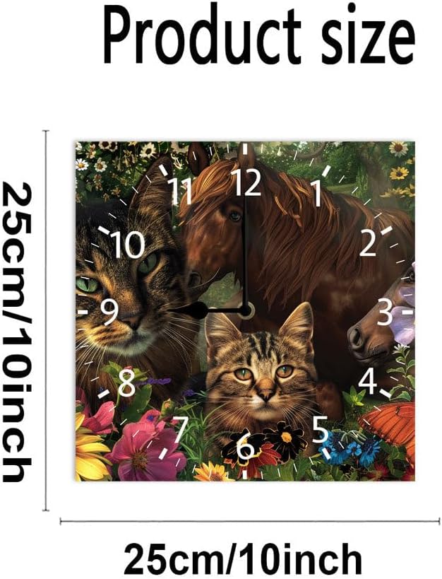 10 in Garden Cats and Horses -290 Wood Wall Clock – Digital Time Display, Smart Home Compatible for Bedside or Workspace