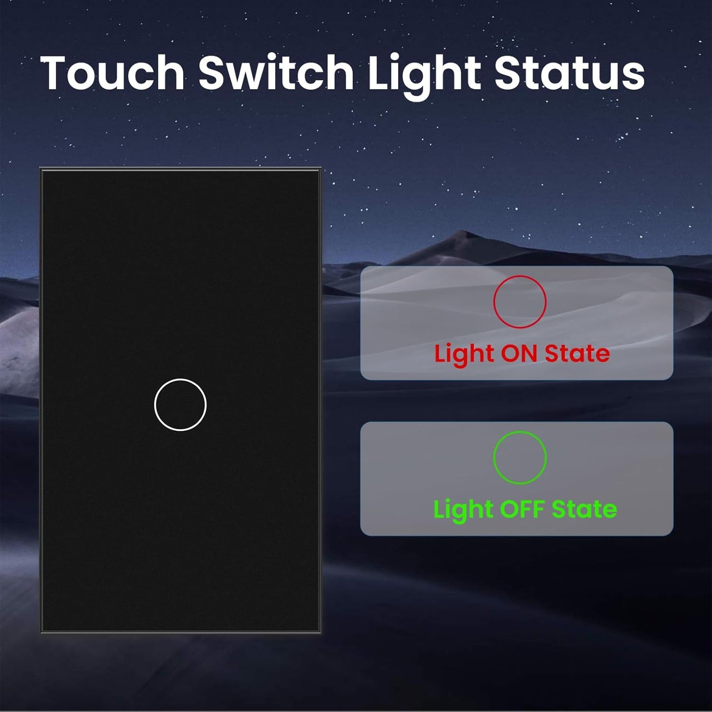 2 Way Light Switch 118X72X34MM No Neutral Wire, Wall Touch Switch 1000W, Tempered Glass Panel, FCC, Black 1 Gang