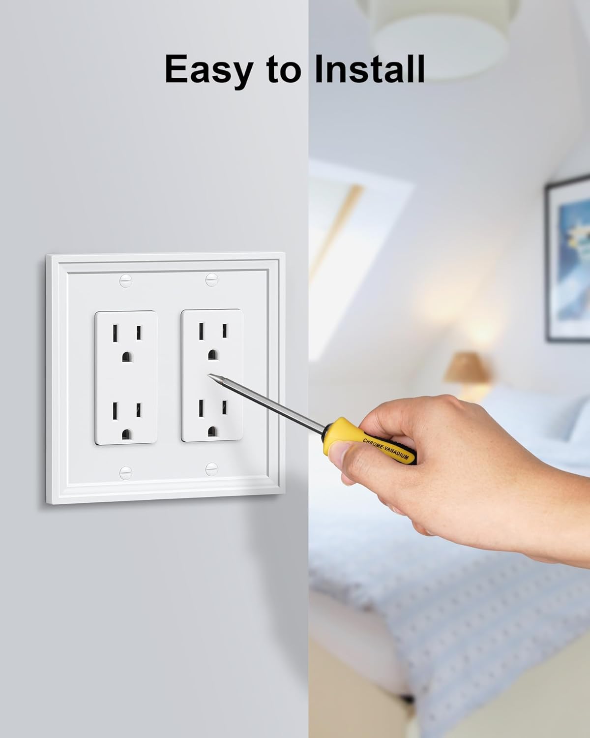 2-Pack Double Decorator Outlet Cover Plate, White Decorative Switch Plates and Outlet Covers, Natural Bamboo Fiber Wall Plates for Electrical Outlets, Receptacle, GFCI Outlet, Dimmer Switch