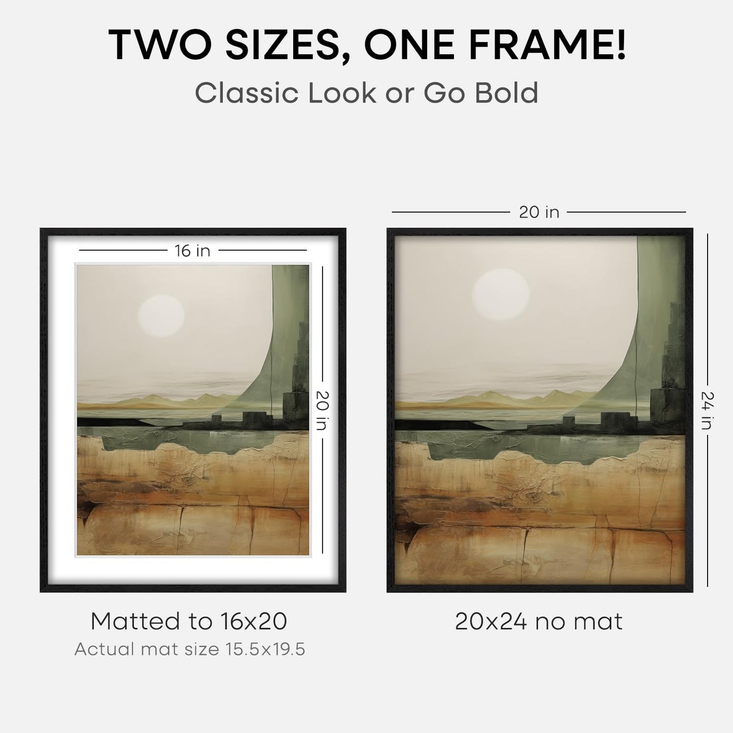 Homeforia Black Wood Frame 20x24, High End Oak 20x24 Wooden Picture Frames with Mat 16x20 Photo, 20 x 24 Poster Frame Matted to 16 by 20 Print, 24x20 Hanging Frames, Tempered Glass, Wall Kit, Set of 2