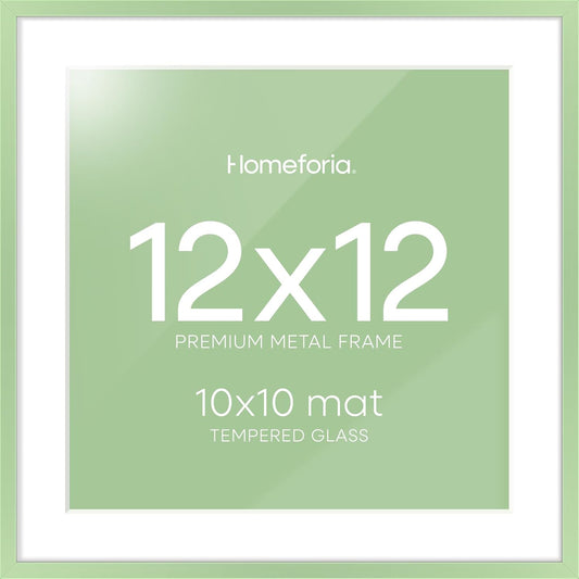 Homeforia 12x12 Picture Frame Sage Green, High End Metal 12 x 12 Square Poster Frame with Mat 10 x 10 Photo, 12x12 Frame Matted to 10x10 Print, 12by12 Hanging Frame, Tempered Glass, Wall Kit, Set of 1