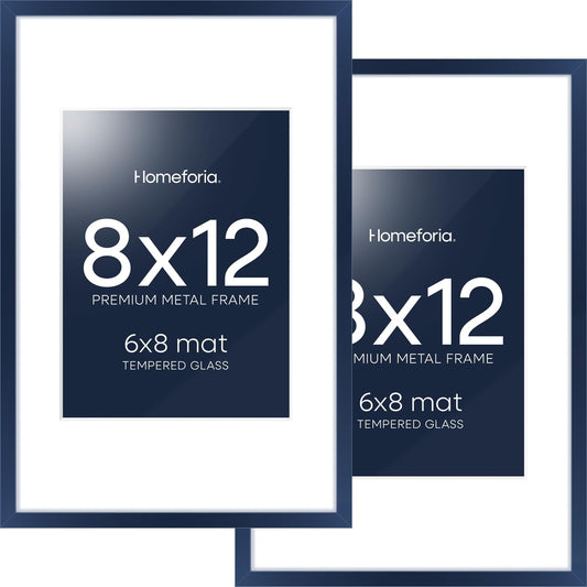 Homeforia 8x12 Picture Frame Navy Blue, High End Metal 8 x 12 Poster Frames with Mat 6 by 8 Photo, 12x8 Frame Matted to 6x8 inch Print, 8by12 Wall or Tabletop Frame, Tempered Glass, Wall Kit, Set of 2