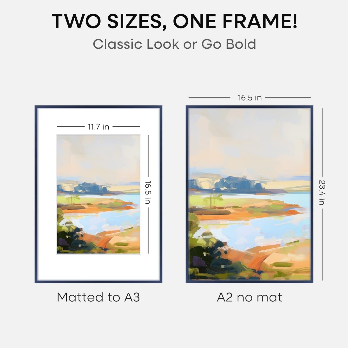 Homeforia A2 Poster Frame Navy Blue, High End Metal A2 Picture Frame Navy Blue with Mat A3 for Print, 16.5x23.4 Frame Matted to 11.7x16.5 Photo, 16.5 by 23.5 Frames, Tempered Glass, Wall Kit, Set of 1