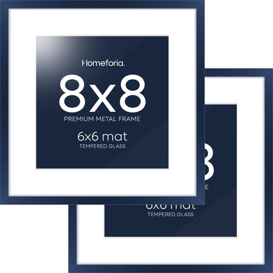 Homeforia Navy Blue Frame 8x8, High End Metal 8 x 8 Square Picture Frames with Mat 6 x 6 Art, 8x8 Photo Frame Matted to 6x6 inch Print, 8by8 Wall or Tabletop Frames, Tempered Glass, Wall Kit, Set of 2