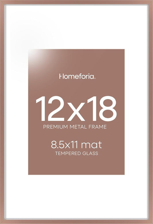 Homeforia 12x18 Picture Frame Mocha, High End Metal 12x18 Poster Frames with Mat 8.5x11 Photo, 12 x 18 Mocha Frames Matted to 8.5 by 11 inch Print, 18x12 Thin Frame, Tempered Glass, Wall Kit, Set of 1