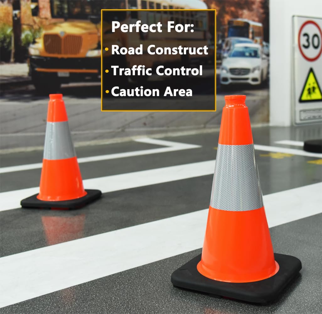 (5 Cones) BESEA 18" inch Orange PVC Cones Traffic Safety Cones Black Base Construction Road Parking Cone with 6" Reflective Collar