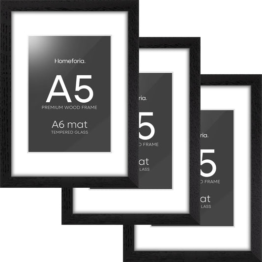 Homeforia A5 Picture Frame Black Wood, High-End Oak 5.8x8.3 Frame Matted to 4.1x5.8 inch Photo, A5 Size Walnut Wooden Frames with Mat A6 for Print, 5.8 by 8.3 Frame, Tempered Glass, Wall Kit, Set of 3