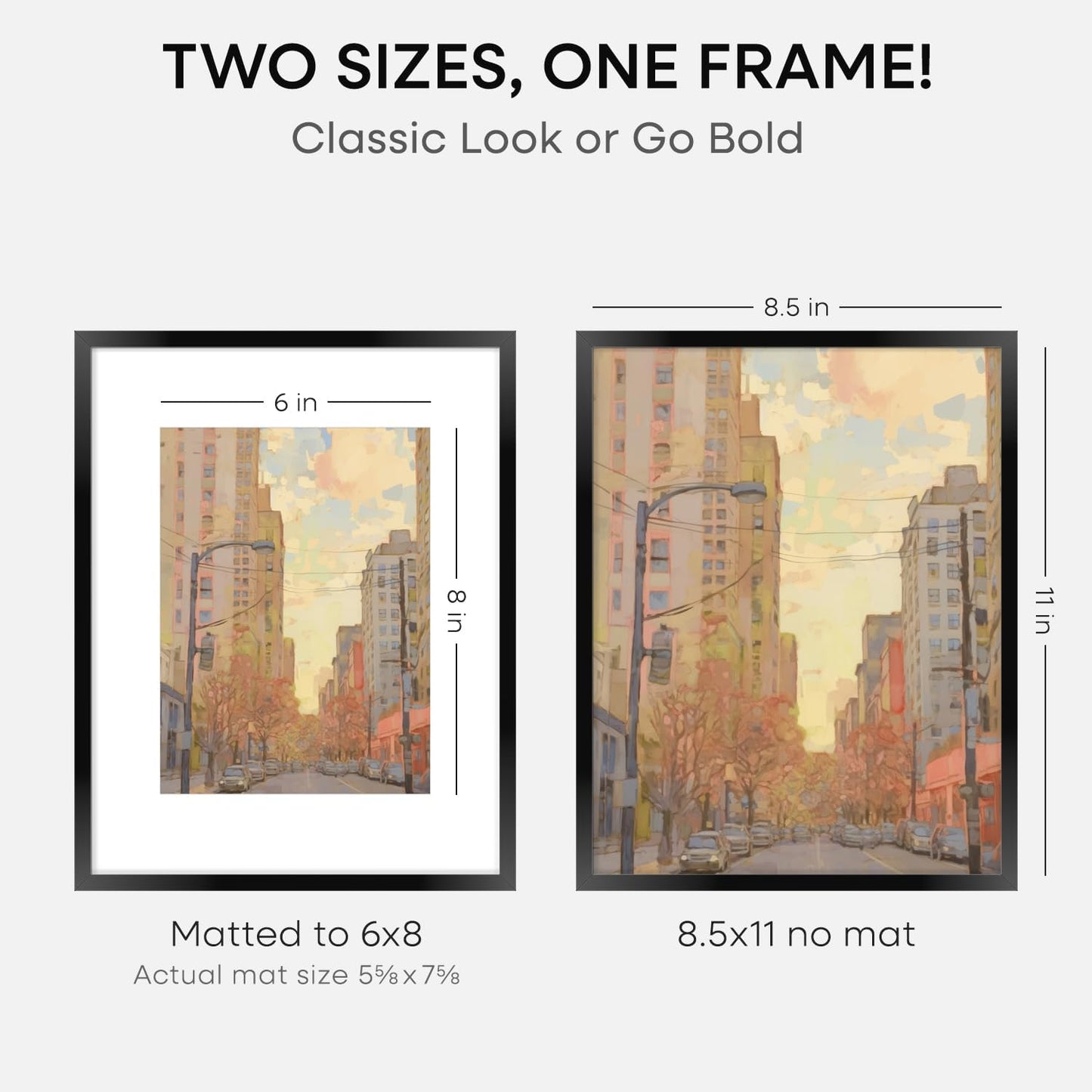 Homeforia Black Picture Frame 8.5 x 11, High End Metal 8.5x11 Poster Frames with Mat 6x8 Photo, 8.5 x 11 Frame Matted to 6 by 8 Art, 8.5by11 Wall or Tabletop Frames, Tempered Glass, Wall Kit, Set of 2