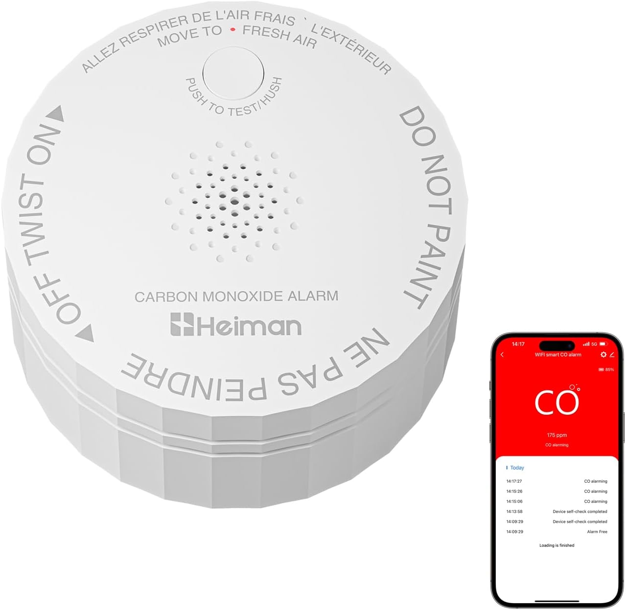 Heiman Smart Carbon Monoxide Detector, Wi-Fi Nano CO Alarm, ETL Listed Real-Time Push Notifications Battery Powered, Test-Reset Button, 2034 Standards, 10-Year Figaro Sensor, Portable for Trave
