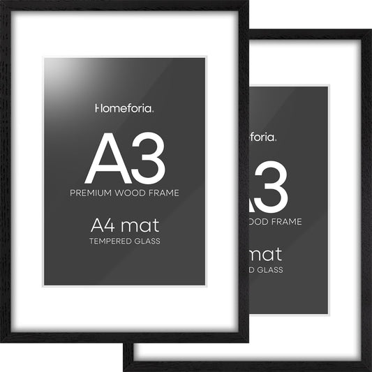 Homeforia A3 Picture Frame Black Wood, High-End Oak 11.7 x 16.5 Black Poster Frames Matted to 8.3 by 11.7 Photo, 11.7x16.5 Size Wooden Frame with Mat 8.3x11.7 Print, Tempered Glass, Wall Kit, Set of 2