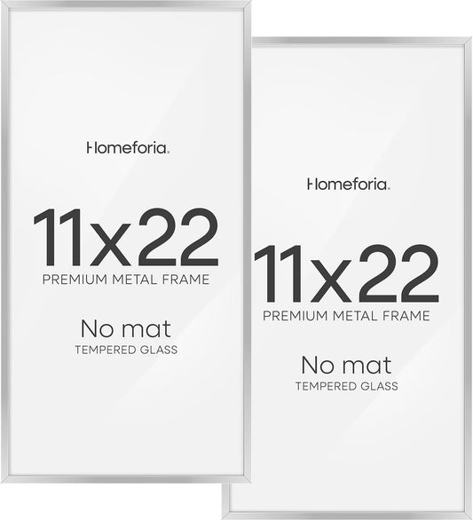 Homeforia 11x22 Newspaper Frame Silver, High End Metal 11 x 22 Picture Frame without Mat, 22x11 Thin Silver Poster Frames for Wall, 11by22 inch Display Photo Frames, Tempered Glass, Wall Kit, Set of 2