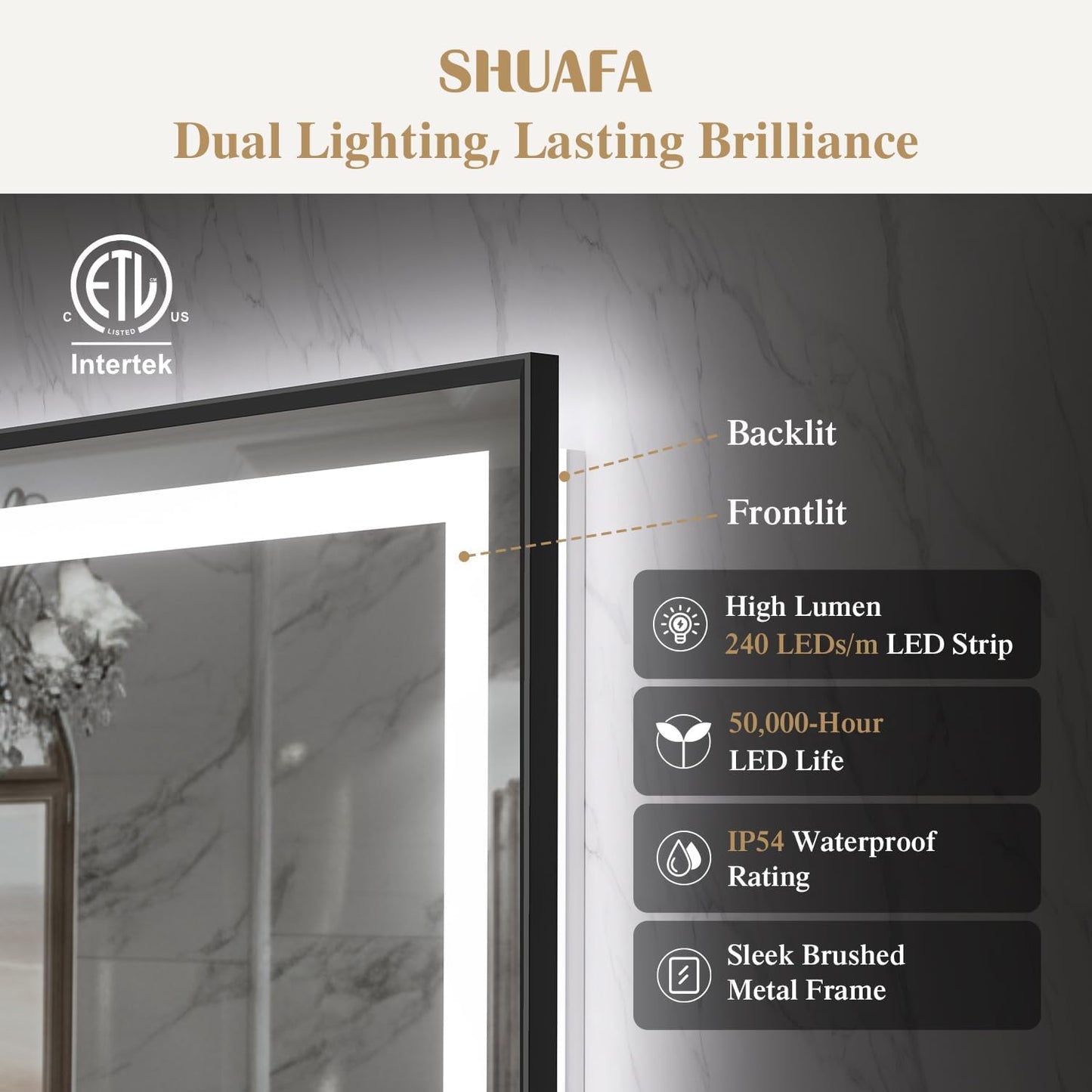 30X36 Inch LED Bathroom Mirror with Lights, Black Frame Frontlit+ Backlit Bathroom Vanity Mirror for Wall, Ultra-Clear Tempered Glass, Shatter-Proof, Anti-Fog and Memory Function, ETL Listed