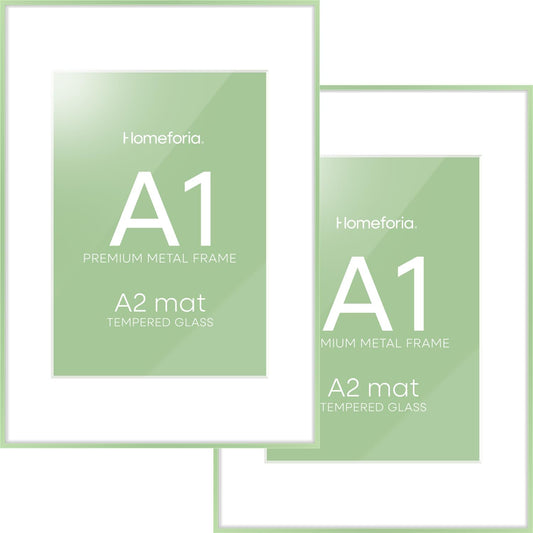 Homeforia A1 Poster Frame Sage Green, High End Metal A1 Large Picture Frames with Mat A2 Photo, 23.4 x 33.1 Frames Matted to 16.5 x 23.4 Print, 23.4x33.1 Thin Frame, Tempered Glass, Wall Kit, Set of 2