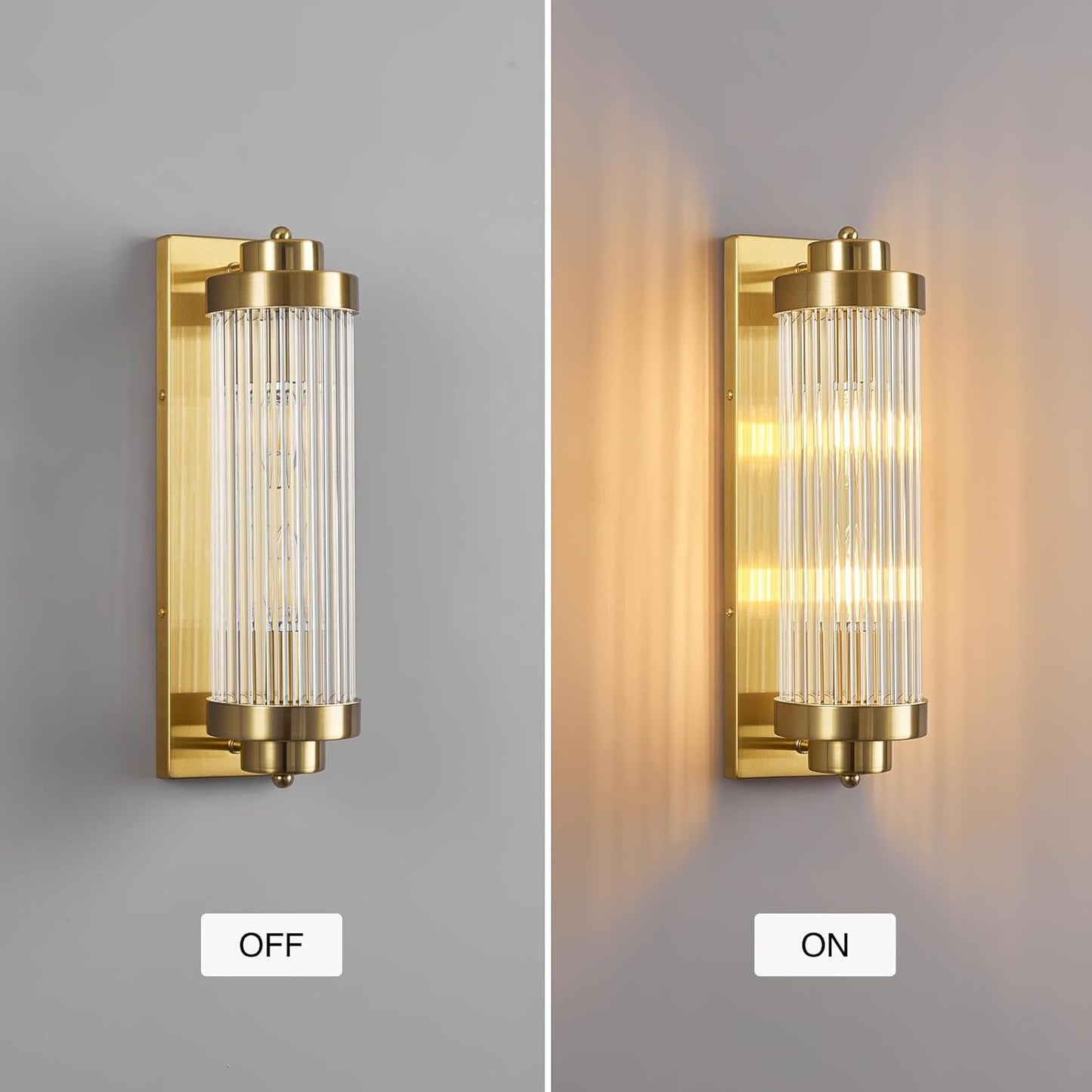 Gold Wall Sconces with Crystal Glass Strip Bathroom Sconces Modern Wall Lights for Bedroom Living Room Hallway Wall Light Fixtures, 2 Light E12 Base