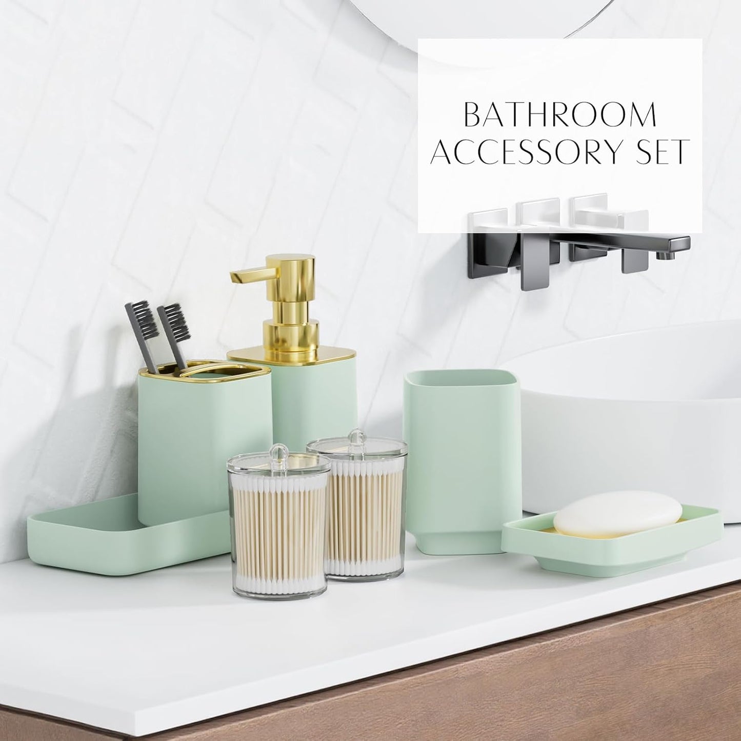25PCS Bathroom Accessory Set, Green Bathroom Set with Large-Capacity 4 Gallon Trash Can,Bathroom Rugs Set, Waterproof Shower Curtain, Toilet Brush, Toothbrush Holder & Soap Dispenser