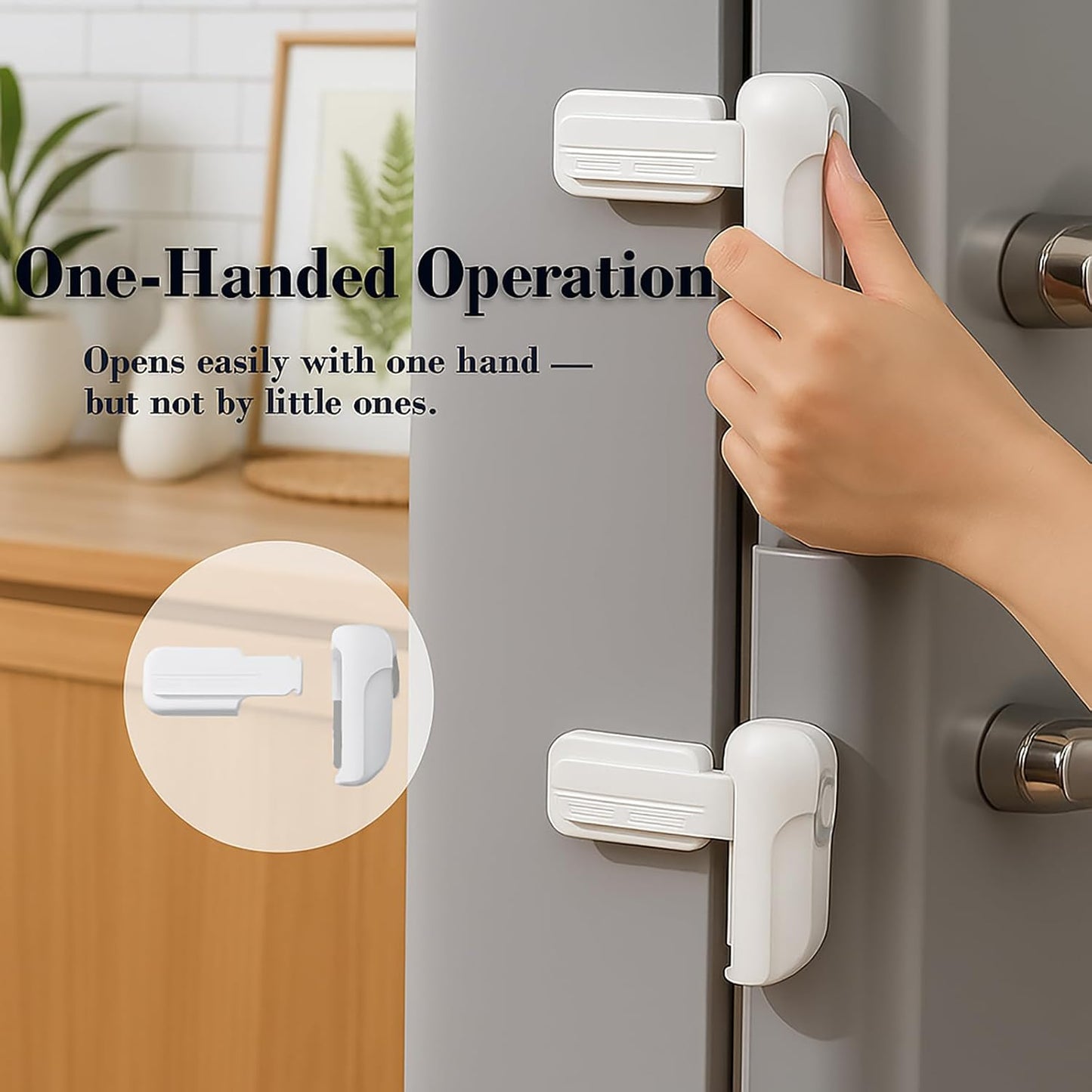 2 Pack Child Proof Fridge Lock, Baby Safety Refrigerator & Freezer Door Lock for Toddlers, Kids & Pets, One-Hand Operation, Strong Adhesive, No Tools or Drilling Needed, White