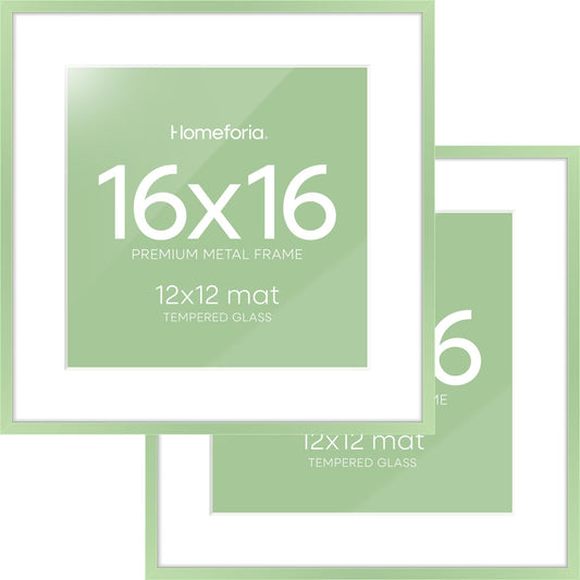 Homeforia 16x16 Picture Frame Sage Green, High End Metal 16 x 16 Square Poster Frames with Mat 12 x 12 Photo, 16x16 Frame Matted to 12x12 Art, 16by16 Hanging Frames, Tempered Glass, Wall Kit, Set of 2