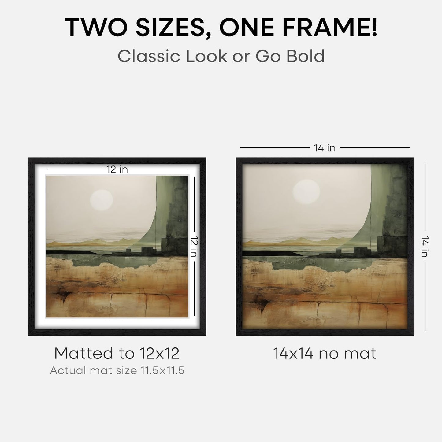 Homeforia 14x14 Black Wood Frame, High End Oak 14 x 14 Square Picture Frames with Mat 12 by 12 inches Photo, 14by14 Black Wooden Poster Frames Matted to 12x12 Print, Tempered Glass, Wall Kit, Set of 3