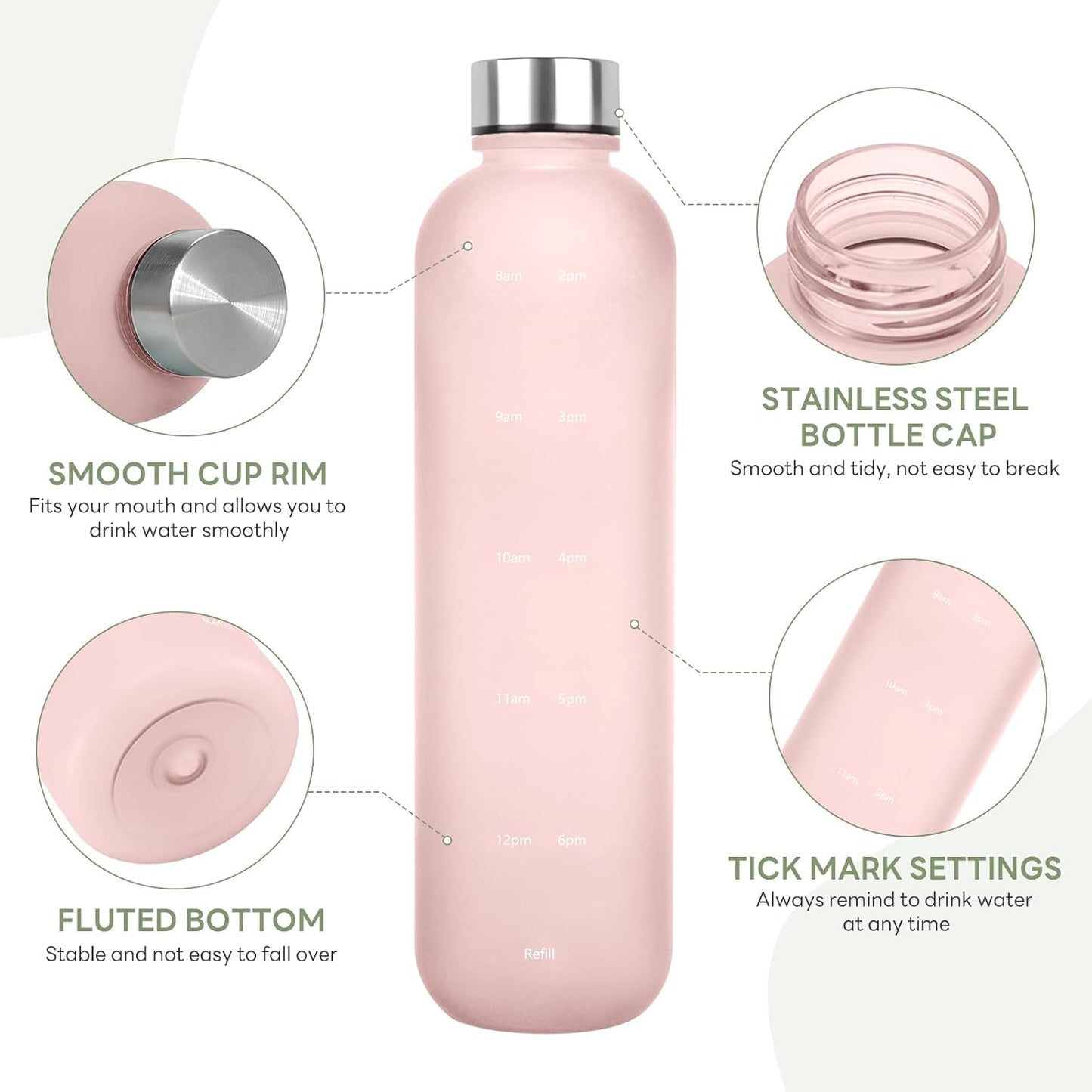1L（33 oz） daily tracking schedule time hours reminder motivational day goals hydration capacity measured marker tracker plastic wide mouth measurements water bottle