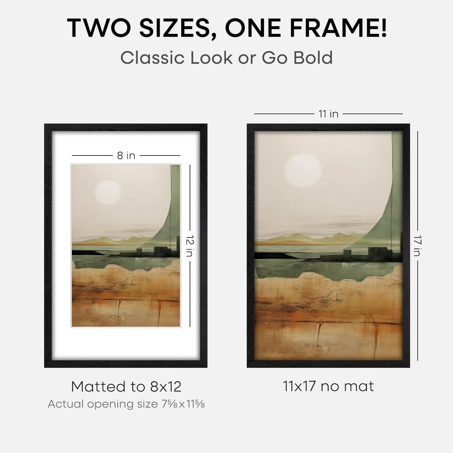 Homeforia 11x17 Picture Frame Black Wood, High End Oak 11x17 Poster Frames with Mat 8x12, 11 x 17 Wooden Frame Matted to 8 x 12 inch Photo, 17x11 Thin Hanging Frame, Tempered Glass, Wall Kit, Set of 2