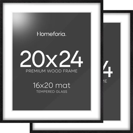 Homeforia Black Wood Frame 20x24, High End Oak 20x24 Wooden Picture Frames with Mat 16x20 Photo, 20 x 24 Poster Frame Matted to 16 by 20 Print, 24x20 Hanging Frames, Tempered Glass, Wall Kit, Set of 2