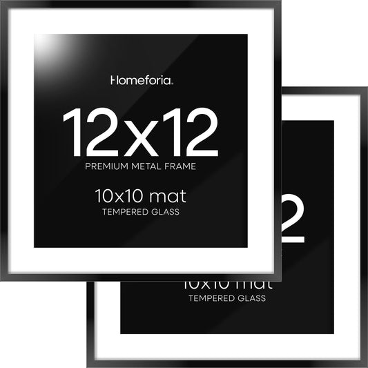 Homeforia Black 12x12 Picture Frames, High End Metal 12 x 12 Square Poster Frame with Mat 10 x 10 Photo, 12x12 Black Frame Matted to 10x10 Print, 12by12 Thin Frames, Tempered Glass, Wall Kit, Set of 2