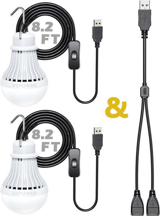 2 Pack USB Light Bulb, USB LED Camping Light Lantern, 8.2 ft Extra Length Cord Tent Light with USB Y-Cable, Portable LED Bulb for Garage Warehouse Car Truck Fishing Boat Room Emergency Light, White