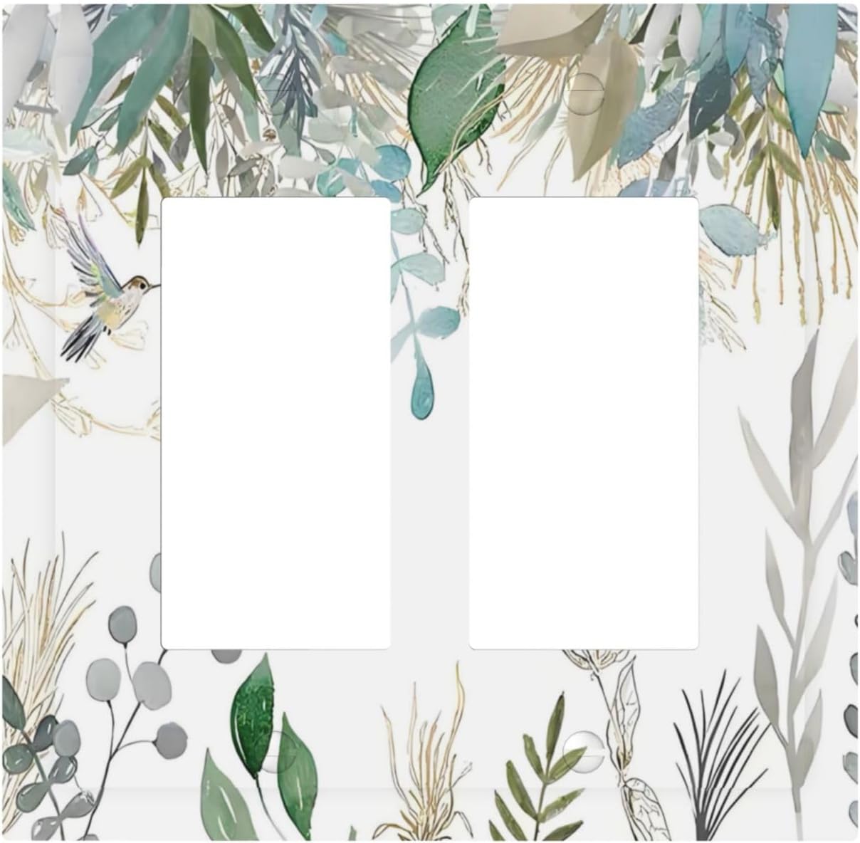 Green Tropical Palm Leaves Flower Plants Hummingbird Decorative Outlet Covers 2 Gang Double GFCI Rocker Electrical Wall Panels Light Switch Cover Plate for Bed Room Living Room Decor