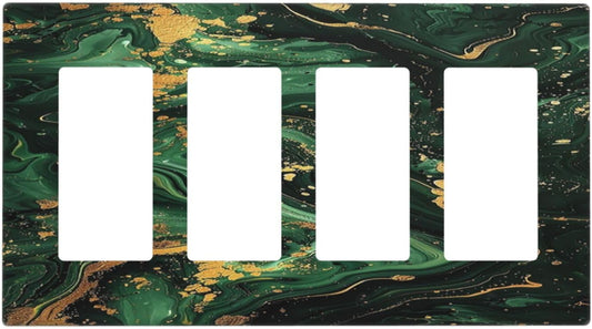 Green/Gold Modern Abstract Luxury Marble 4 Gang Wall Plates Outlet Covers Quad Rocker Light Switch Cover Plate Decorative Switch Plates GFCI Electrical Faceplate for Bathroom Bedroom 4.5 X 8 IN