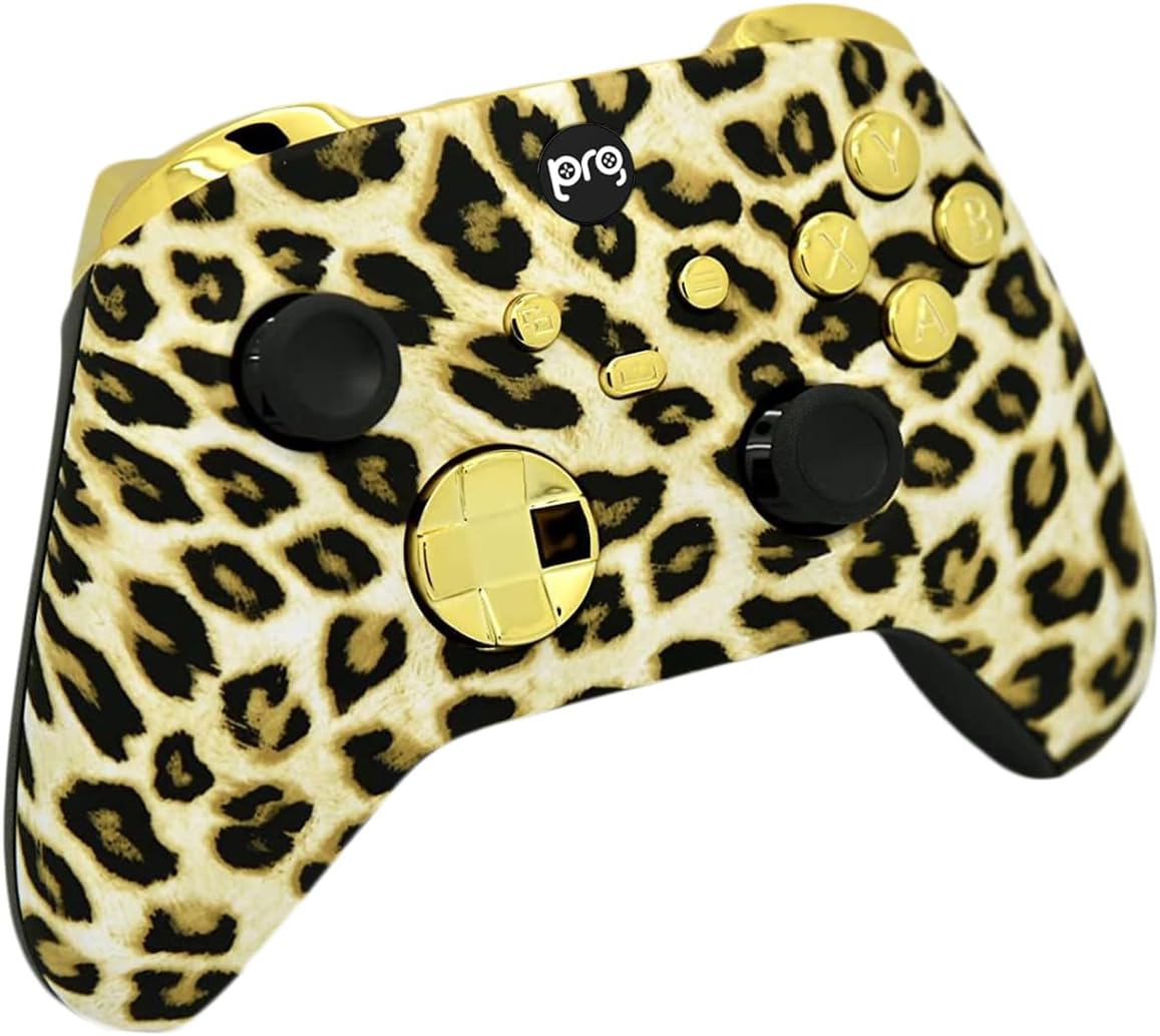 Hand Airbrushed Fade Custom Controller Compatible with Xbox Series X/S & Xbox One (Series X/S Leopard W/Gold Chrome Inserts)