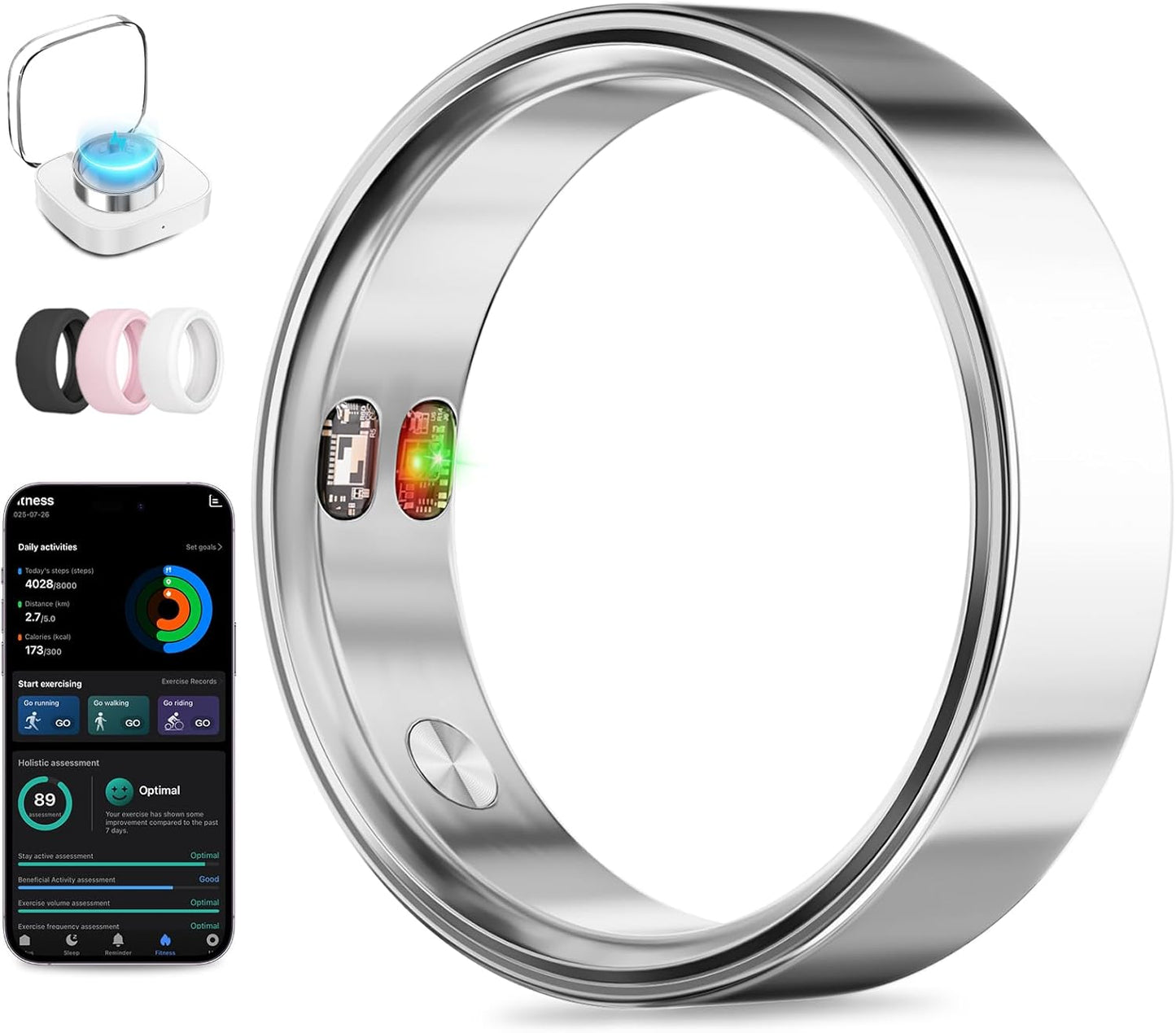 Smart Ring with Vibration Alerts, health tracker ring with Body Temperature Monitor, Heart Rate, Sleep & Fitness Tracking, Waterproof Activity Ring for Men & Women, No App Fees (Silver, 10#)