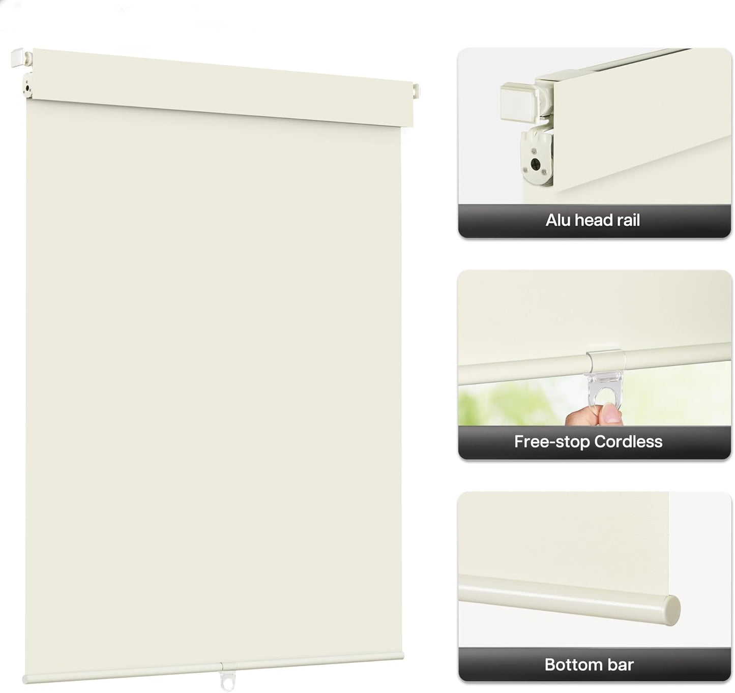 LazBlinds No Drill Blinds for Indoor Windows, Blackout Roller Shades, Cordless Window Blackout Blinds, Thermal Insulated Fabric UV Protection for Home and Office, 42" W x 72" H, Cream