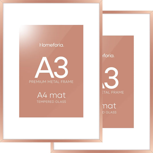 Homeforia A3 Picture Frame Rose Gold, High End Metal 11.7 x 16.5 inch Poster Frames with Mat 8.3 by 11.7 for Photo, A3 Size Frames Matted to A4 Print, 11.7x16.5 Hanging Frame, Tempered Glass, Set of 2