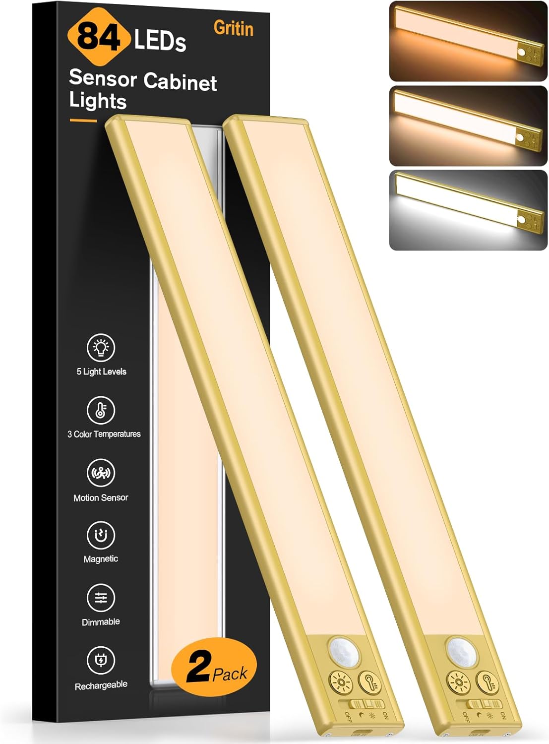 Gritin 10.2inch Under Cabinet Lighting Rechargeable -84 LED Super Bright,3-Color& 5 Level Brightness,4 Modes,Motion Sensor, Long Lasting- Easy Installation Magnetic Closet Lights -2 Pack-Gold