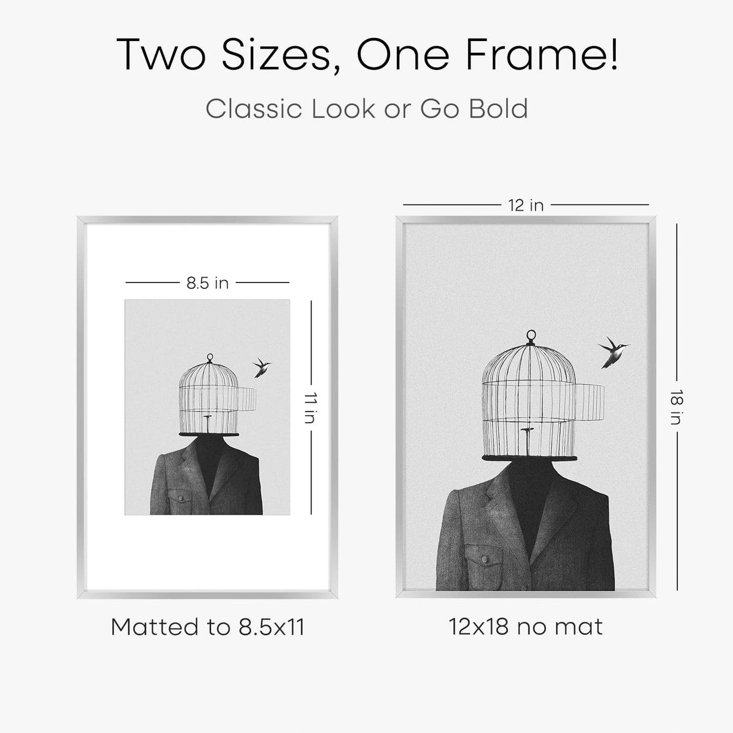 Homeforia 12x18 Silver Frame, High End Metal 12 x 18 Picture Frames with Mat 8.5 x 11 Photo, 18x12 Silver Poster Frame Matted to 11x8.5 Print, 18by12 Hanging Frames, Tempered Glass, Wall Kit, Set of 1