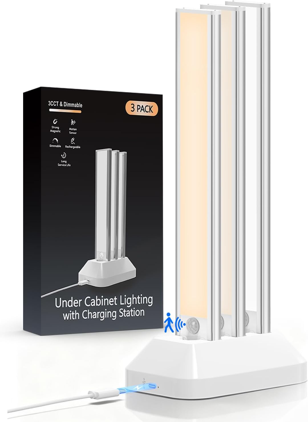 12in Under Cabinet Lighting with Charging Station, 2500mAh Rechargeable Wireless Motion Sensor Lights Indoor,Closet Lights with 3 Color Tempers, Battery Operated Cabinet Lights for Kitchen, 3-Pack