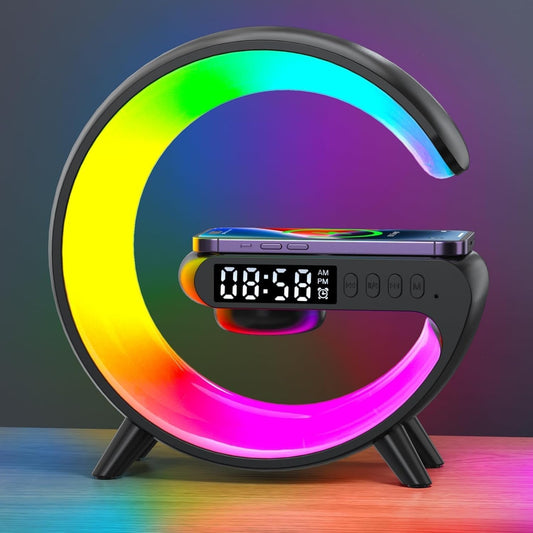 2026 New Smart Mini Table Lamp with Wireless Charger, Bluetooth Speaker Alarm Clock, Night Light for Bedroom Office Desk, Gifts for Kids Teens Chirstmas（Black）