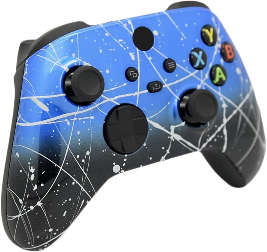 Hand Airbrushed Fade Custom Controller Compatible with Xbox Series X/S & Xbox One (Series X/S Blue & Black Fade W/Silver Splatter)