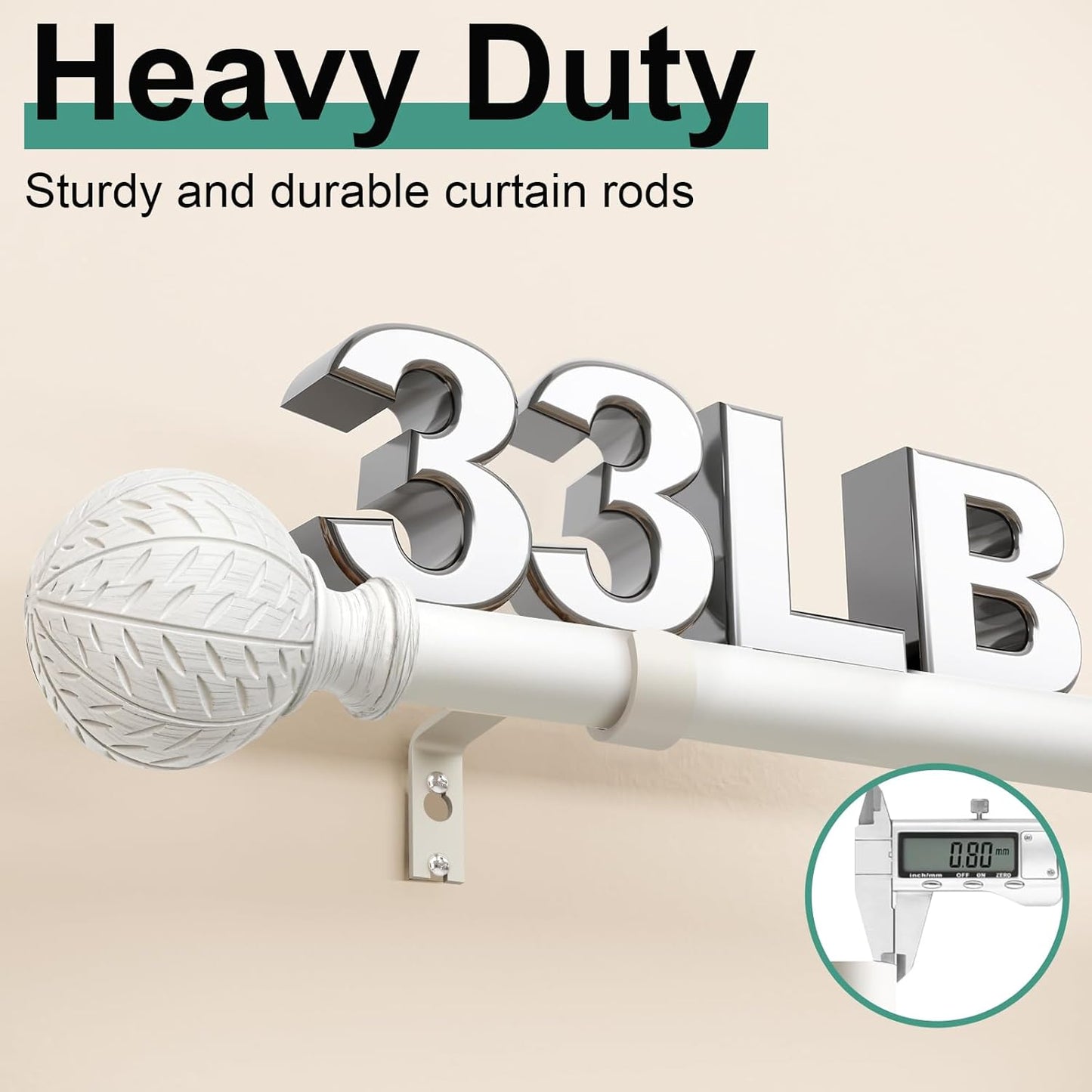 2 Pack Antique White Ball Curtain Rods for Windows 48 to 84 Inch,1 Inch Heavy Duty Adjustable Curtain Rod,Boho Decorative Drapery Rods Set with Brackets,Size:36''-88''