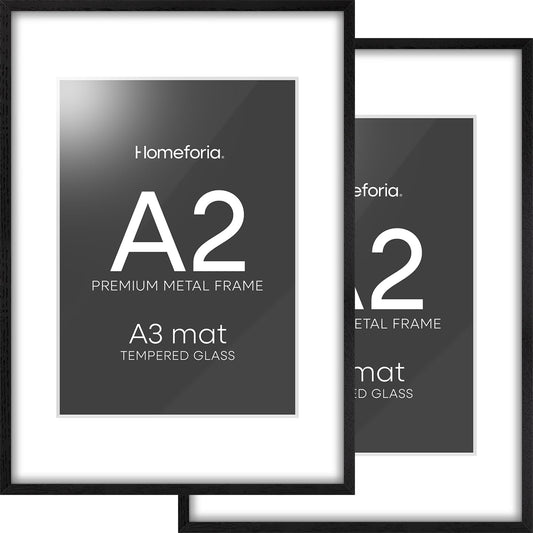 Homeforia A2 Black Wood Frame, High End Oak 16.5 x 23.4 Black Wooden Poster Frames Matted to 11.7 by 16.5 in Photo, A2 Size Wood Picture Frame with Mat A3 for Print, Tempered Glass, Wall Kit, Set of 2