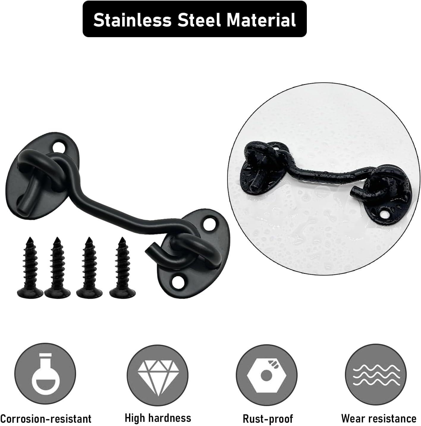 2-Pack 8Inch Door Lock Gate Latch Premium Stainless Steel Hook and Eye Gate Latch Cabin Hook with 16pcs Screws, Black