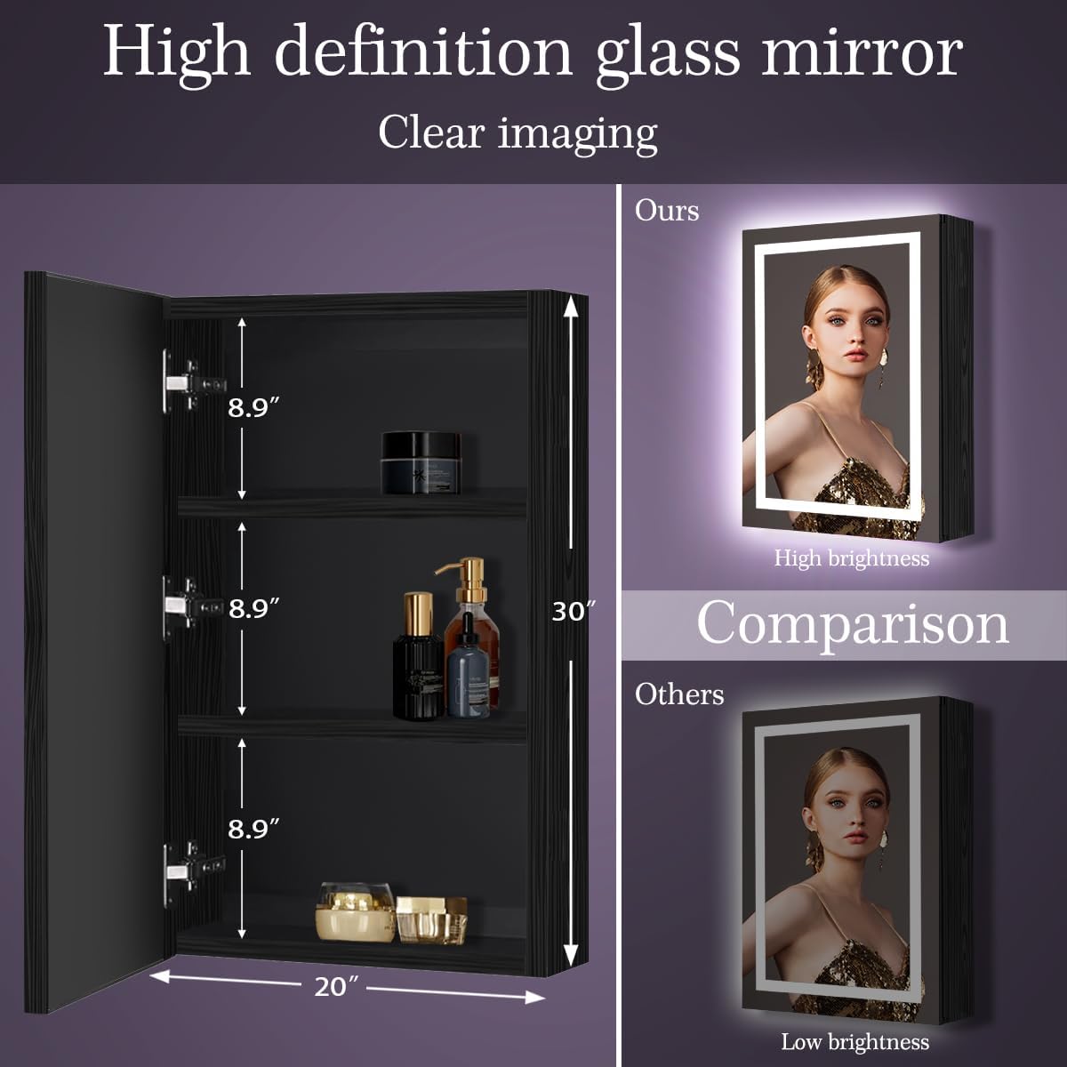 20 x 30 Inch Black Wood Led Medicine Cabinet Mirror with Lights Storage Wooden Cabinets Smart Memory 3 Color Dimmable AntiFog 30" Bathroom Lighted Medicine Cabinet with Mirror and LED Light