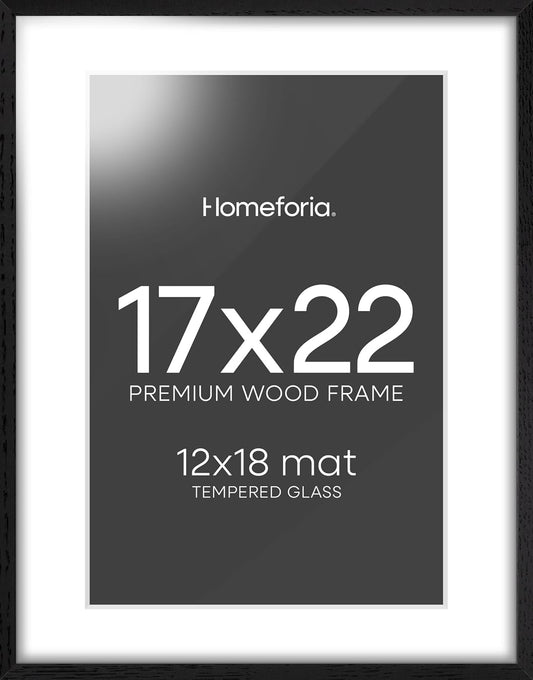 Homeforia 17x22 Picture Frame Black Wood, High End Oak 17x22 Poster Frames with Mat 12x18 Photo, 17 x 22 Wooden Frame Matted to 12 by 18 Print, 22x17 Hanging Frames, Tempered Glass, Wall Kit, Set of 1